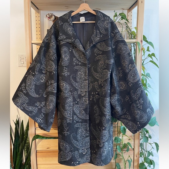 Vintage grey wool kimono coat / size 10 / paisley pattern - Picture 3 of 11